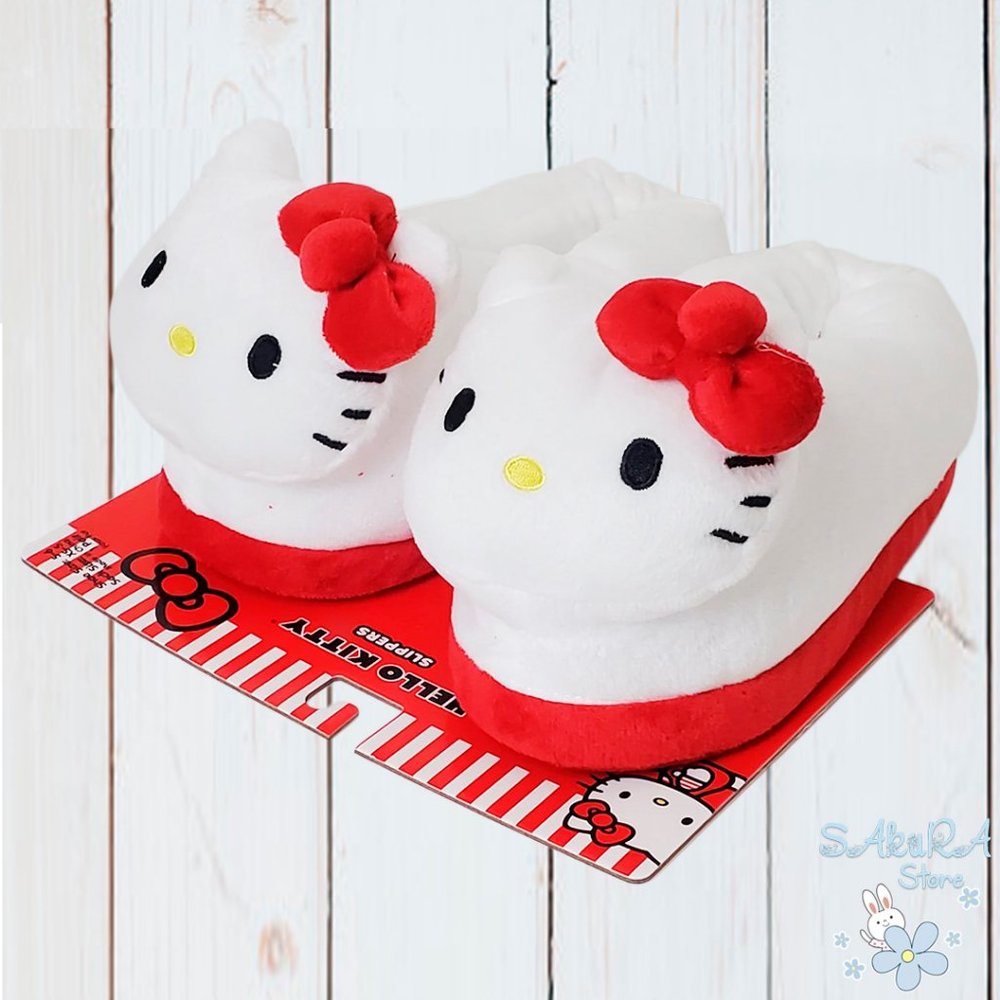 NWT HELLO KITTY WITH BOW SANRIO 3D AUTHENTIC WOMEN'S WHITE RED SLIP ON SLIPPERS